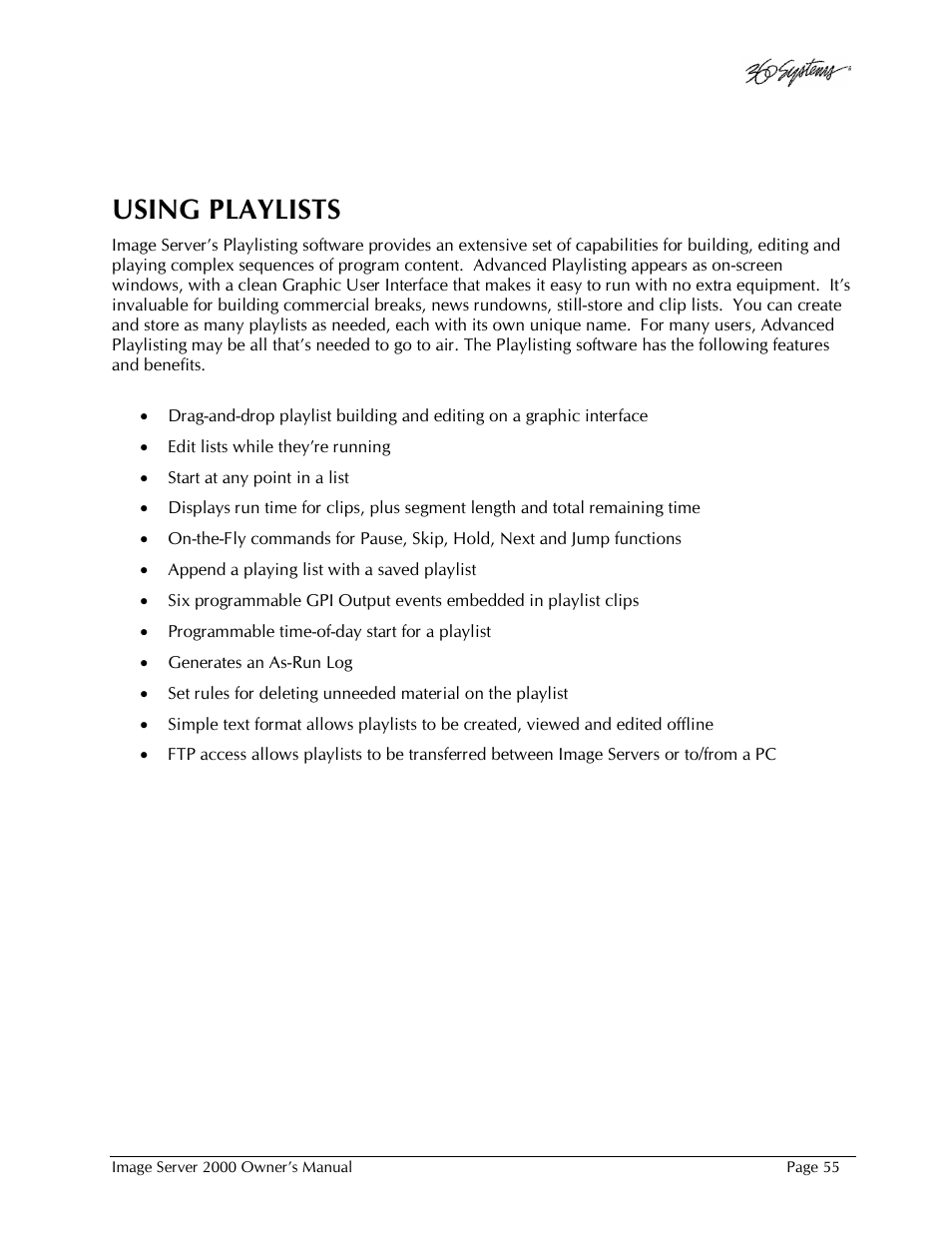 Using playlists | 360 Systems Image Server 2000 User Manual | Page 55 / 135