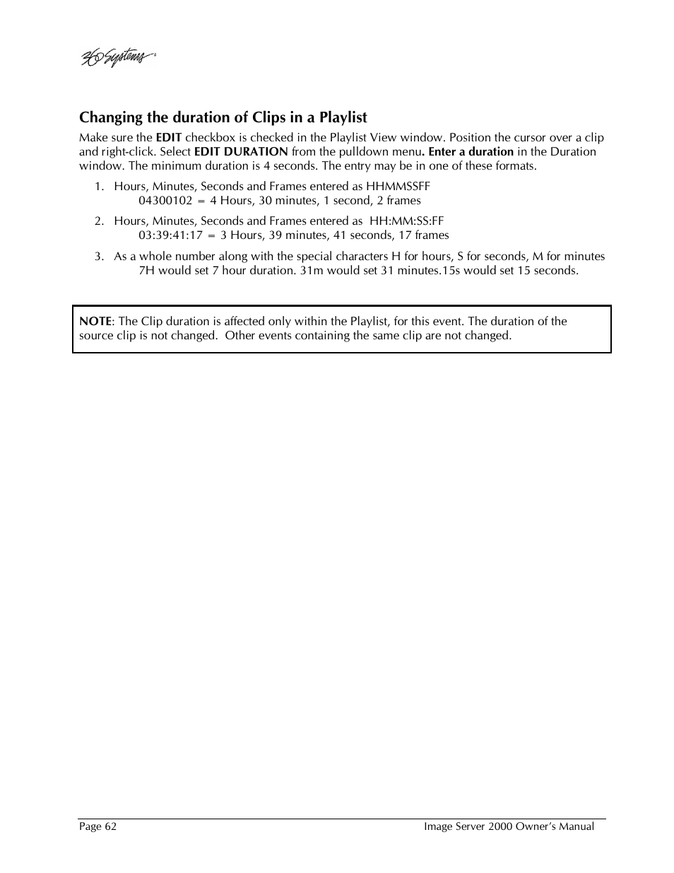 Changing the duration of clips in a playlist | 360 Systems Image Server 2000 User Manual | Page 62 / 135