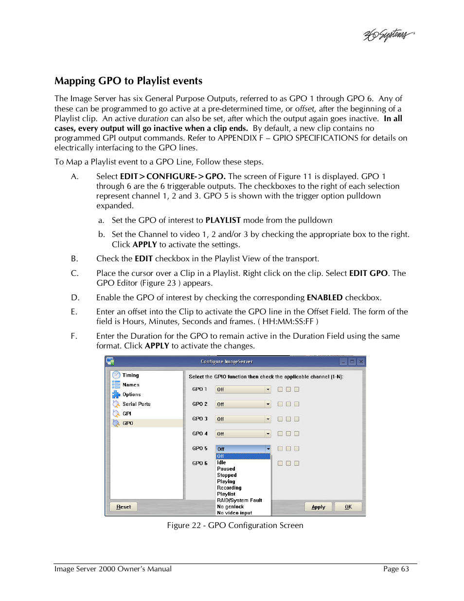 Mapping gpo to playlist events | 360 Systems Image Server 2000 User Manual | Page 63 / 135