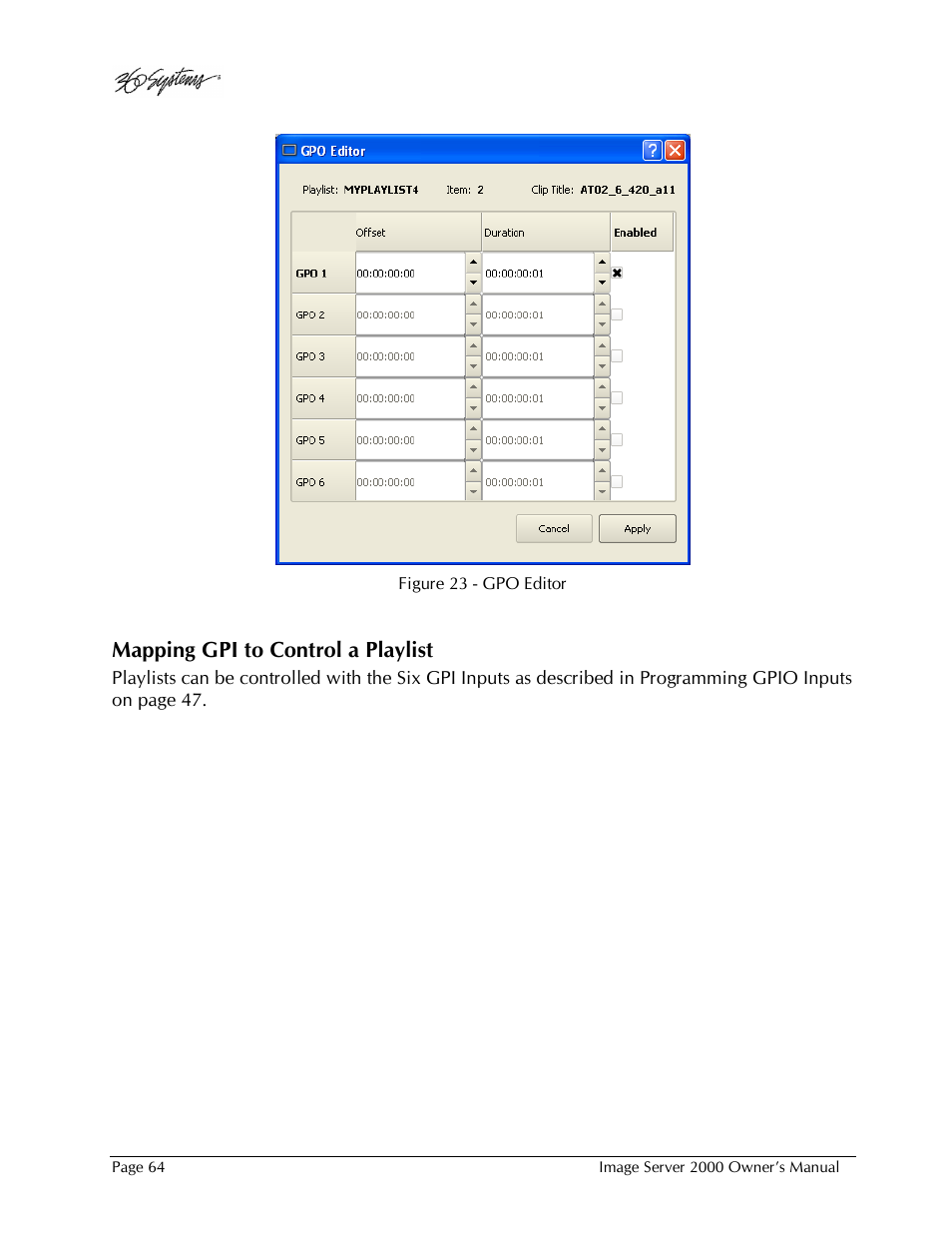 Mapping gpi to control a playlist | 360 Systems Image Server 2000 User Manual | Page 64 / 135
