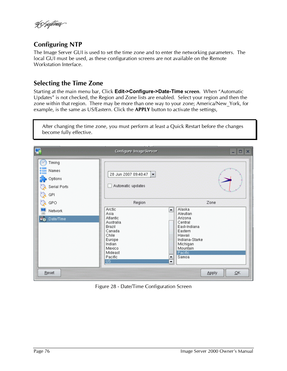 Configuring ntp, Selecting the time zone | 360 Systems Image Server 2000 User Manual | Page 76 / 135