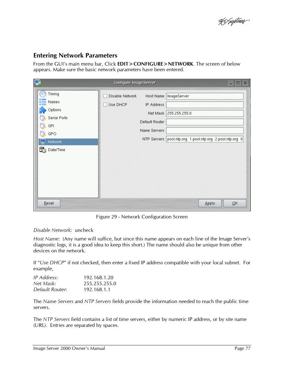Entering network parameters | 360 Systems Image Server 2000 User Manual | Page 77 / 135