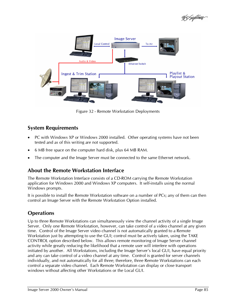 System requirements, About the remote workstation interface, Operations | 360 Systems Image Server 2000 User Manual | Page 85 / 135