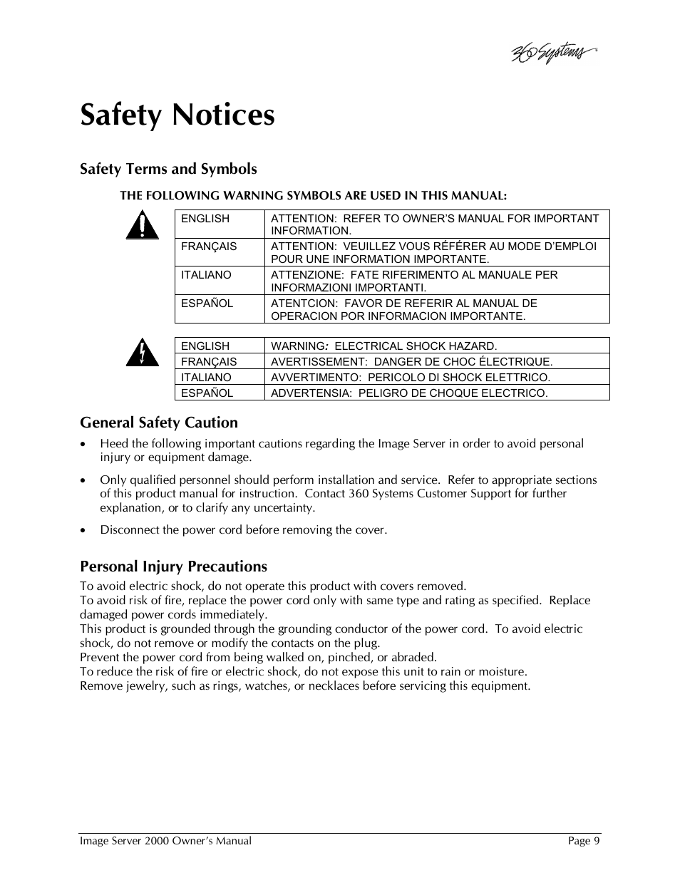 Safety notices, Safety terms and symbols, General safety caution | Personal injury precautions | 360 Systems Image Server 2000 User Manual | Page 9 / 135