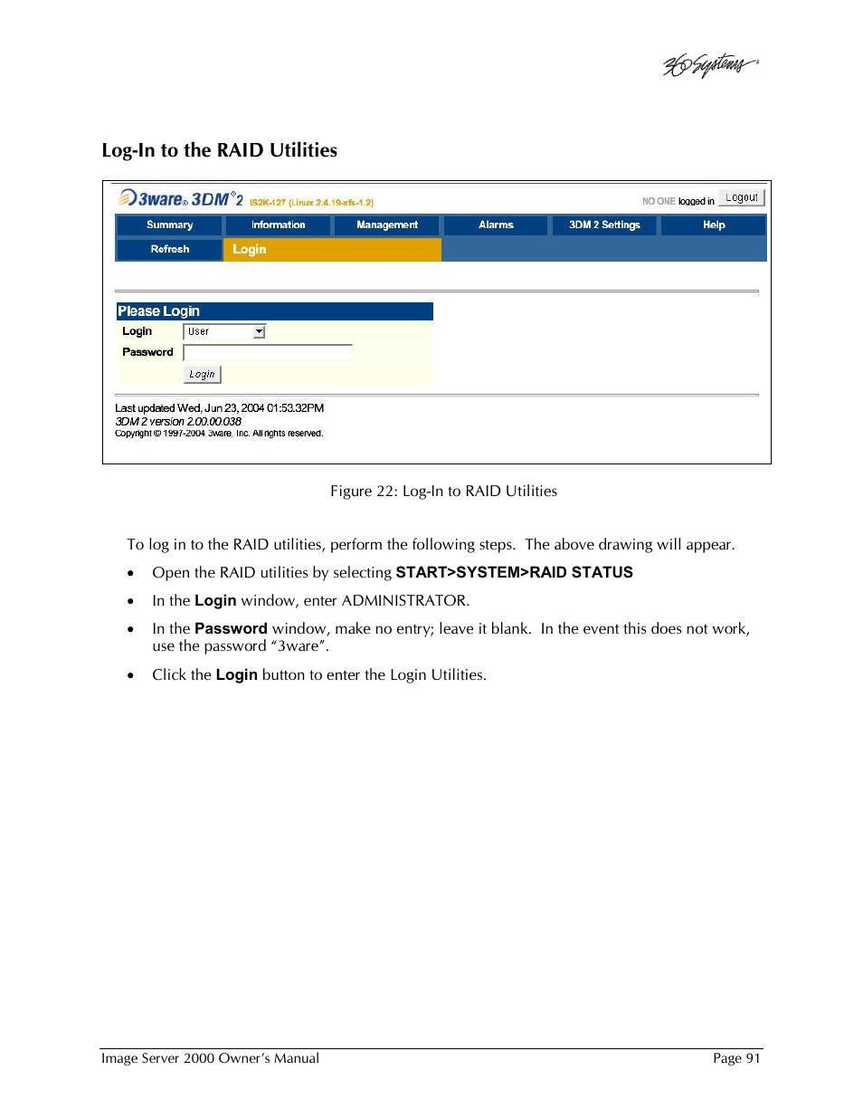 Log-in to the raid utilities | 360 Systems Image Server 2000 User Manual | Page 91 / 135