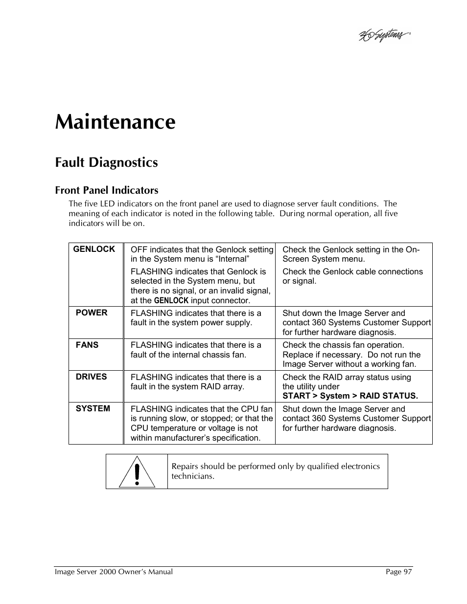 Maintenance, Fault diagnostics | 360 Systems Image Server 2000 User Manual | Page 97 / 135