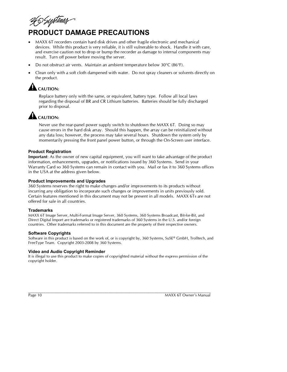 Product damage precautions | 360 Systems MAXX-6T User Manual | Page 10 / 142