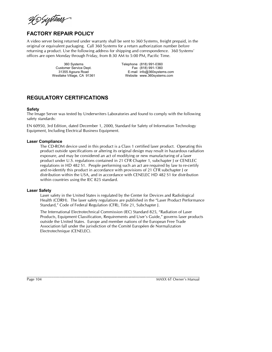 Factory repair policy, Regulatory certifications | 360 Systems MAXX-6T User Manual | Page 104 / 142