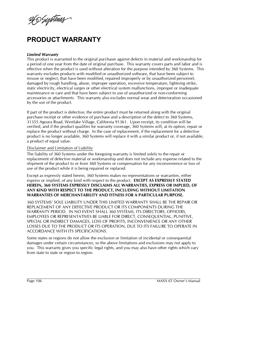 Product warranty | 360 Systems MAXX-6T User Manual | Page 106 / 142