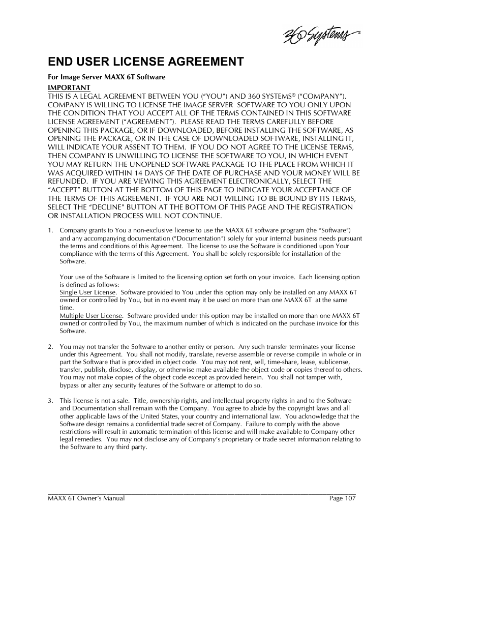 End user license agreement | 360 Systems MAXX-6T User Manual | Page 107 / 142