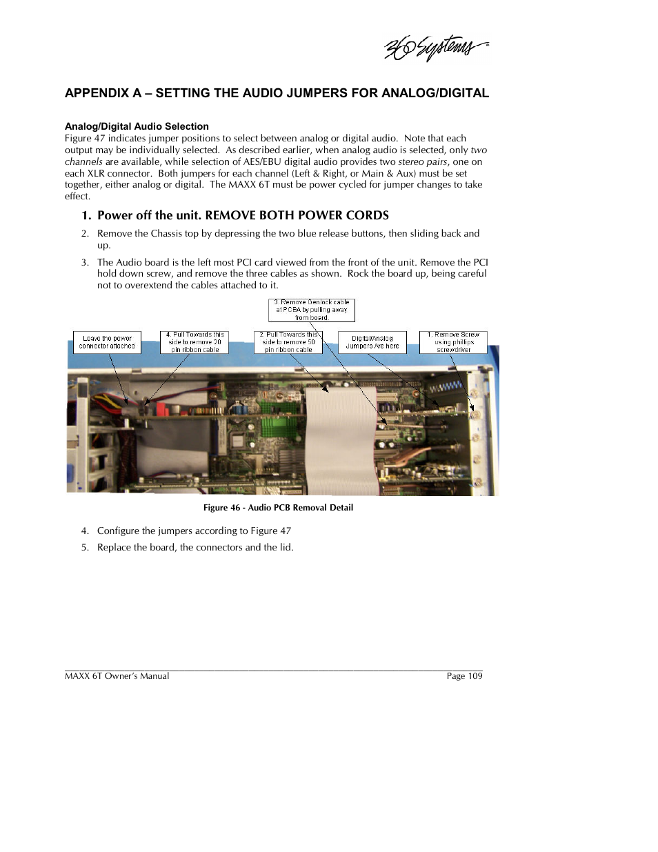 Power off the unit. remove both power cords | 360 Systems MAXX-6T User Manual | Page 109 / 142