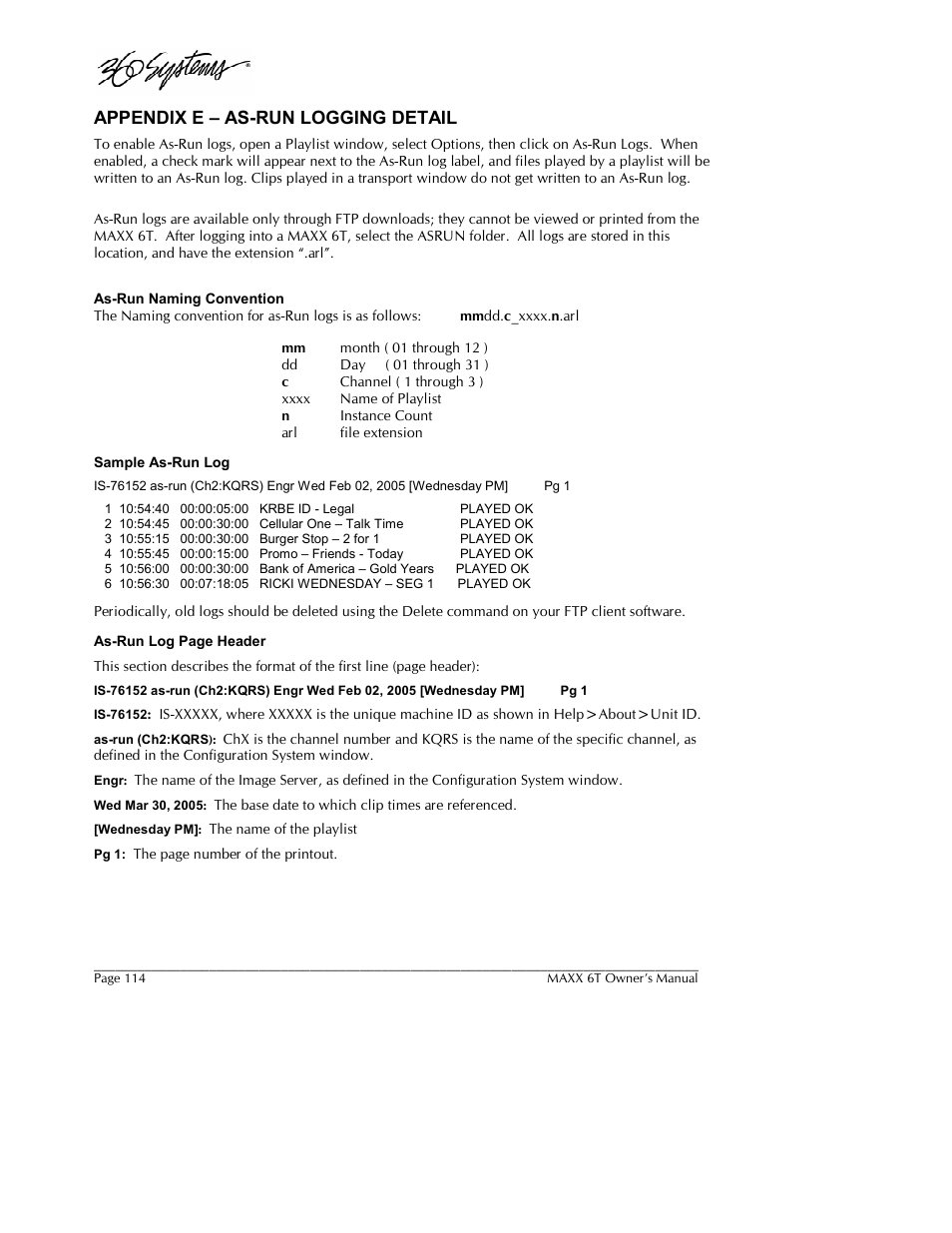 Appendix e – as-run logging detail | 360 Systems MAXX-6T User Manual | Page 114 / 142