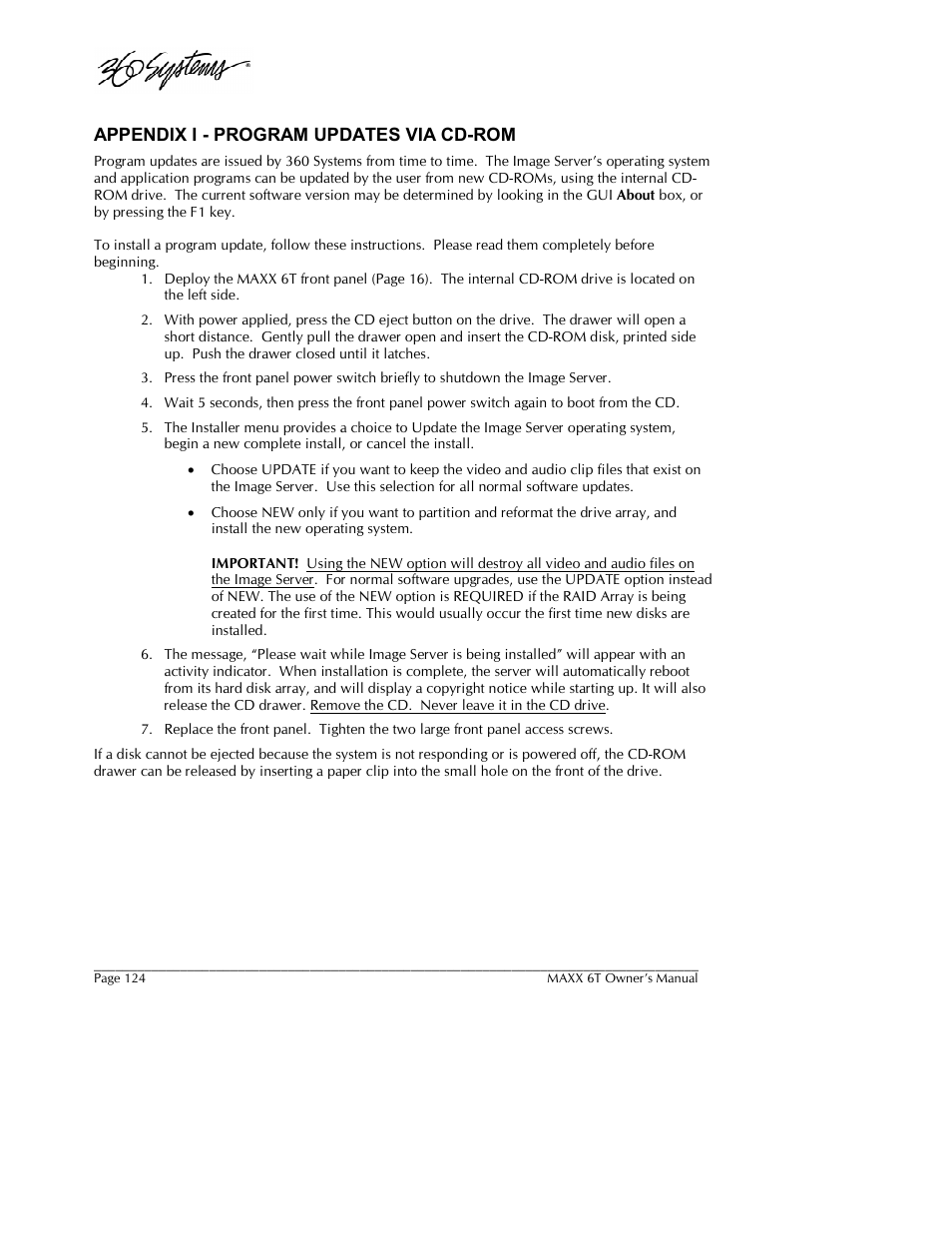 Appendix i - program updates via cd-rom | 360 Systems MAXX-6T User Manual | Page 124 / 142