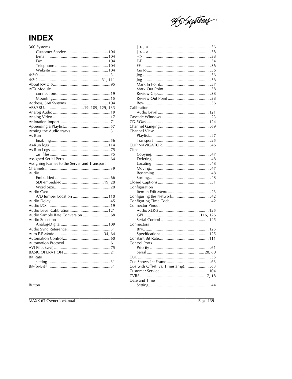 Index | 360 Systems MAXX-6T User Manual | Page 139 / 142