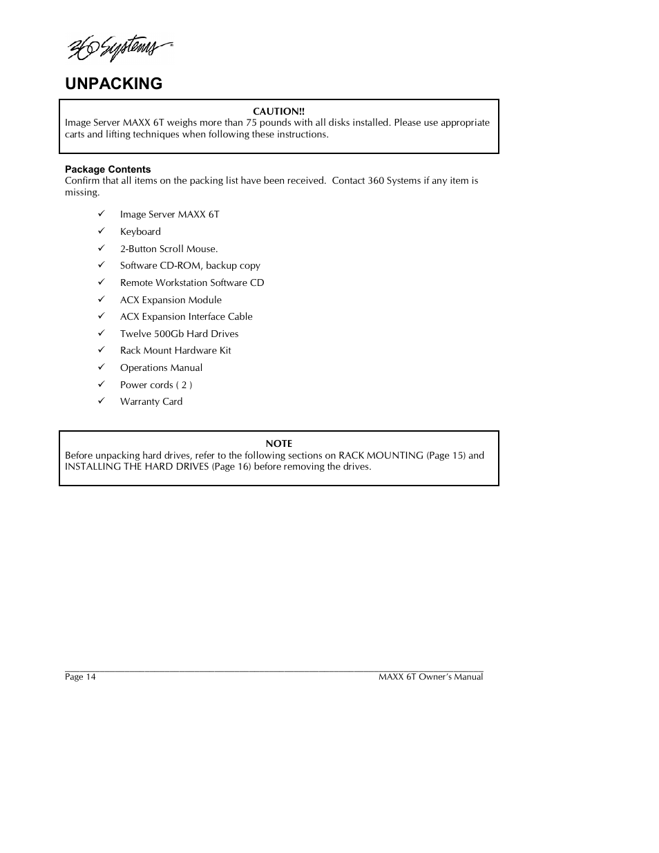 Unpacking | 360 Systems MAXX-6T User Manual | Page 14 / 142