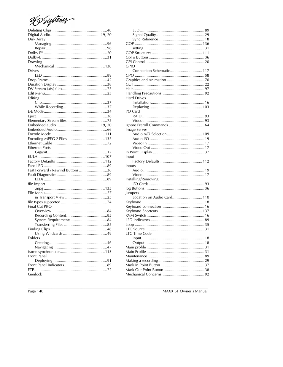 360 Systems MAXX-6T User Manual | Page 140 / 142