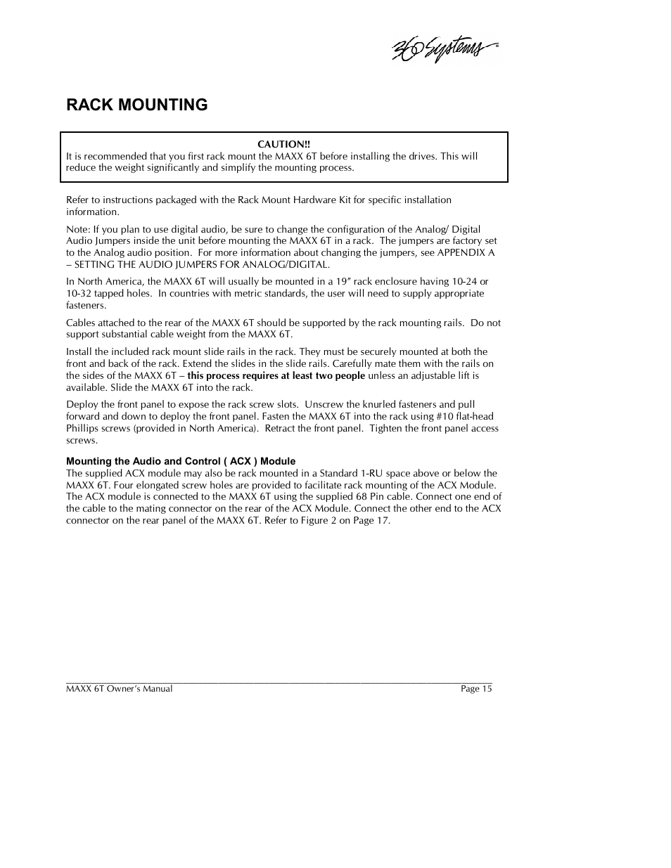Rack mounting | 360 Systems MAXX-6T User Manual | Page 15 / 142