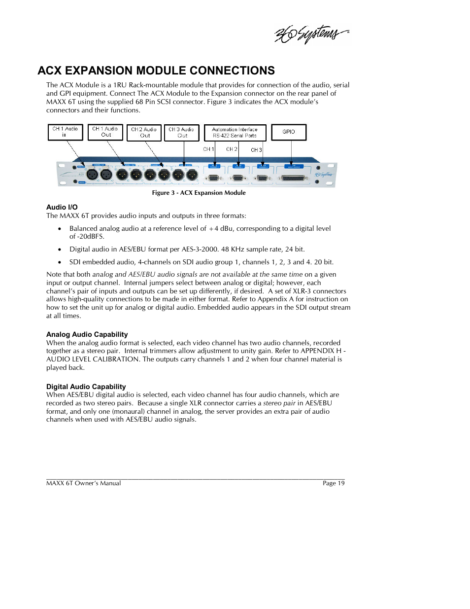 Acx expansion module connections | 360 Systems MAXX-6T User Manual | Page 19 / 142