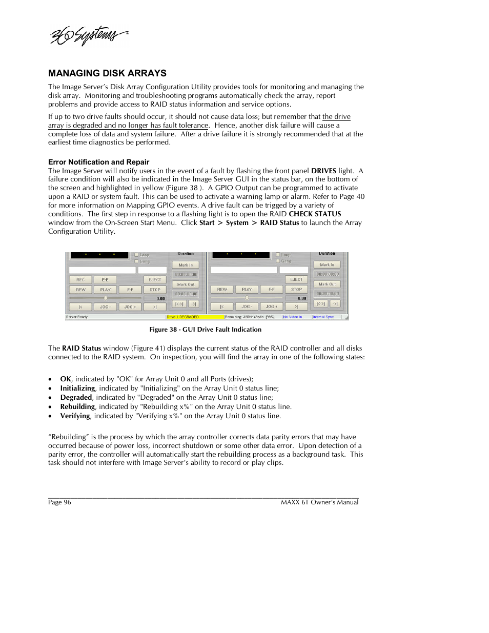 Managing disk arrays | 360 Systems MAXX-6T User Manual | Page 96 / 142