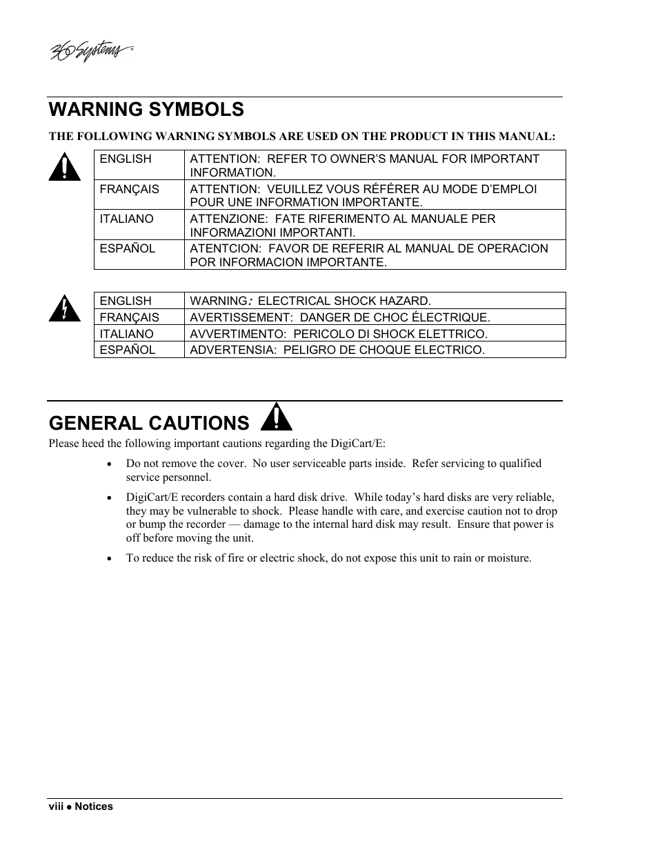 Warning symbols, General cautions | 360 Systems DigiCart/E User Manual | Page 10 / 95