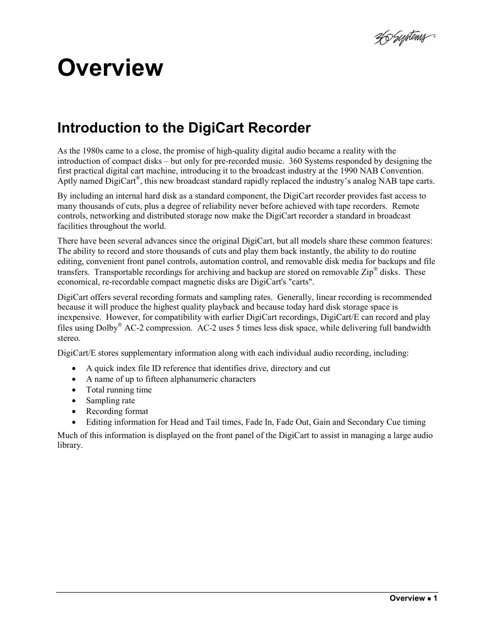 Overview, Introduction to the digicart recorder | 360 Systems DigiCart/E User Manual | Page 11 / 95