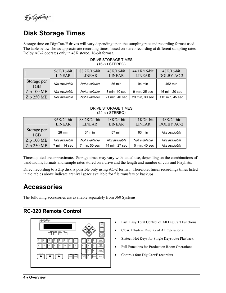 Disk storage times, Accessories, Rc-320 remote control | 360 Systems DigiCart/E User Manual | Page 14 / 95