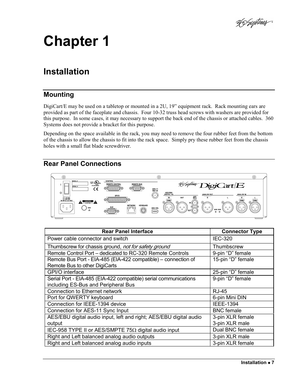 Chapter 1, Installation | 360 Systems DigiCart/E User Manual | Page 17 / 95