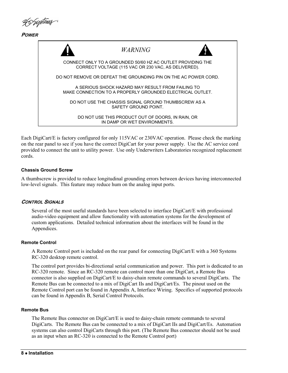 Warning | 360 Systems DigiCart/E User Manual | Page 18 / 95