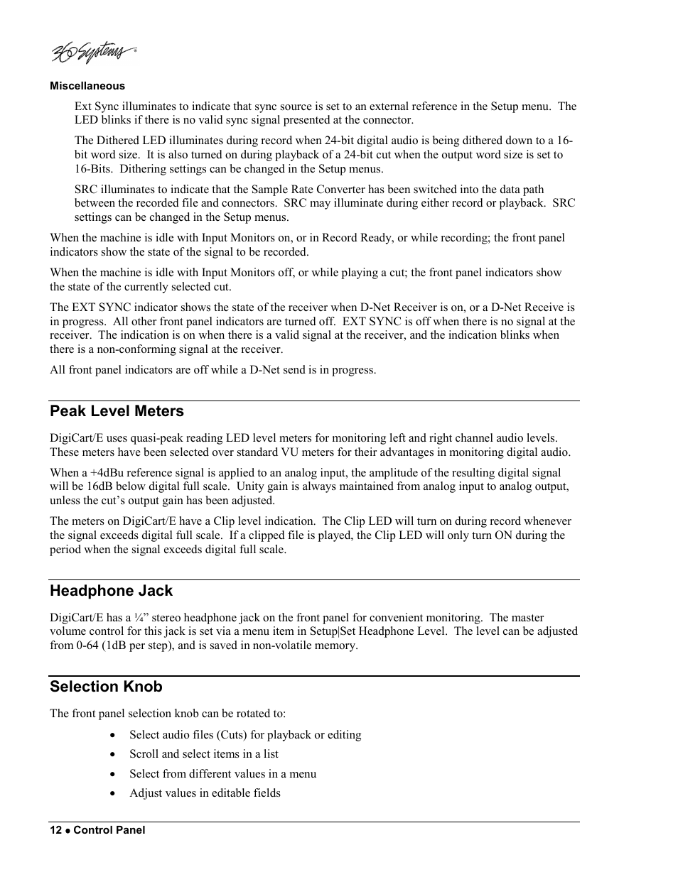Peak level meters, Headphone jack, Selection knob | 360 Systems DigiCart/E User Manual | Page 22 / 95