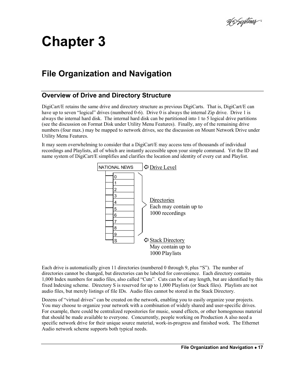 Chapter 3, File organization and navigation, Overview of drive and directory structure | 360 Systems DigiCart/E User Manual | Page 27 / 95