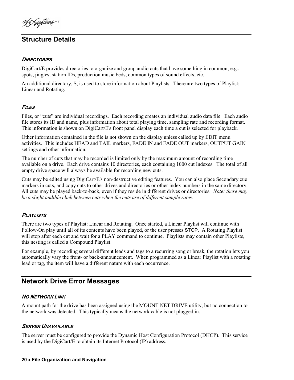 Structure details, Network drive error messages | 360 Systems DigiCart/E User Manual | Page 30 / 95