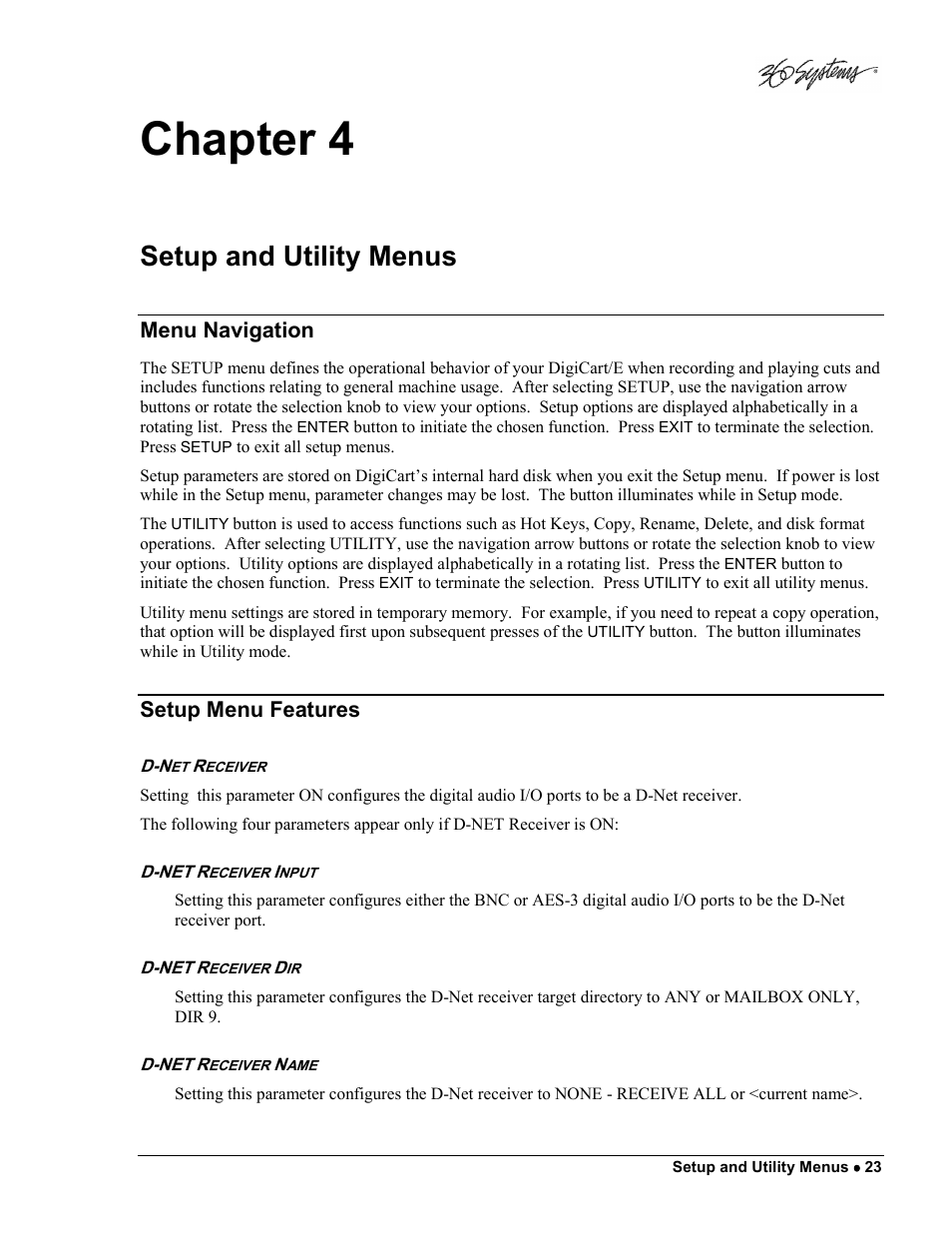 Chapter 4, Setup and utility menus, Menu navigation | Setup menu features | 360 Systems DigiCart/E User Manual | Page 33 / 95