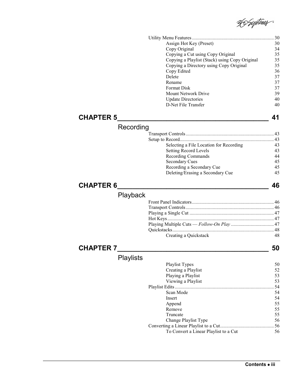 Chapter 5, Recording, Chapter 6 | Playback, Chapter 7, Playlists | 360 Systems DigiCart/E User Manual | Page 5 / 95