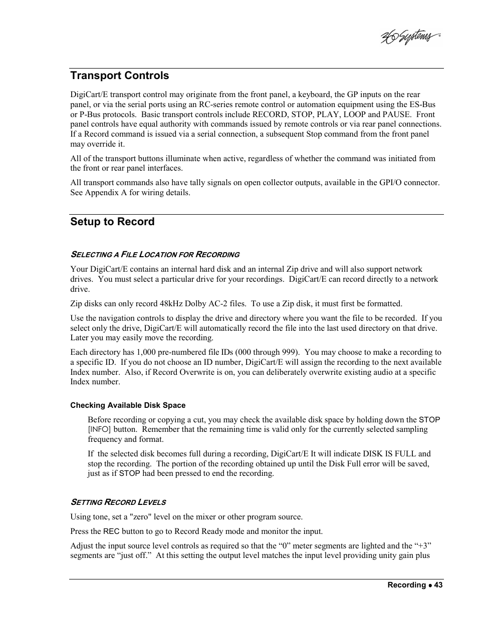 Transport controls, Setup to record | 360 Systems DigiCart/E User Manual | Page 53 / 95