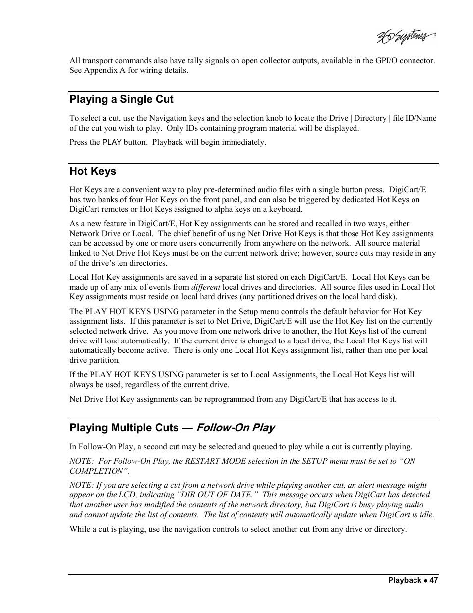 Follow-on play, Playing a single cut, Hot keys | Playing multiple cuts | 360 Systems DigiCart/E User Manual | Page 57 / 95
