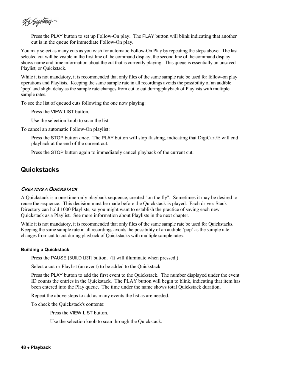 Quickstacks | 360 Systems DigiCart/E User Manual | Page 58 / 95