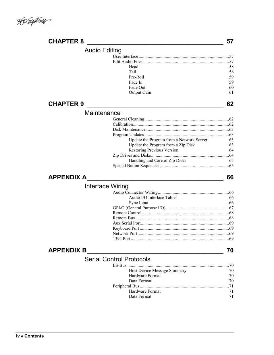 Chapter 8, Audio editing, Chapter 9 | Maintenance, Appendix a, Interface wiring, Appendix b, Serial control protocols | 360 Systems DigiCart/E User Manual | Page 6 / 95