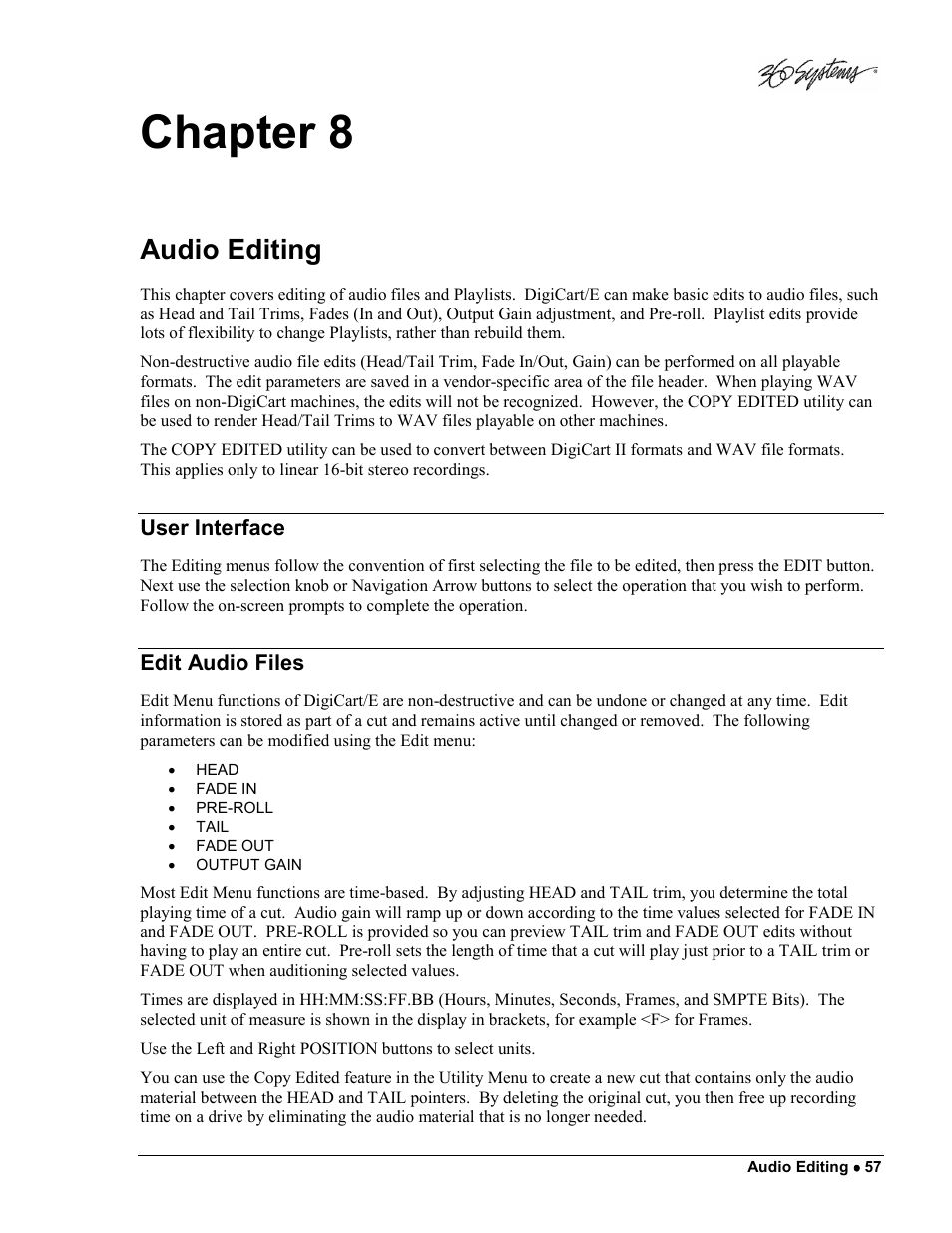 Chapter 8, Audio editing, User interface | Edit audio files | 360 Systems DigiCart/E User Manual | Page 67 / 95