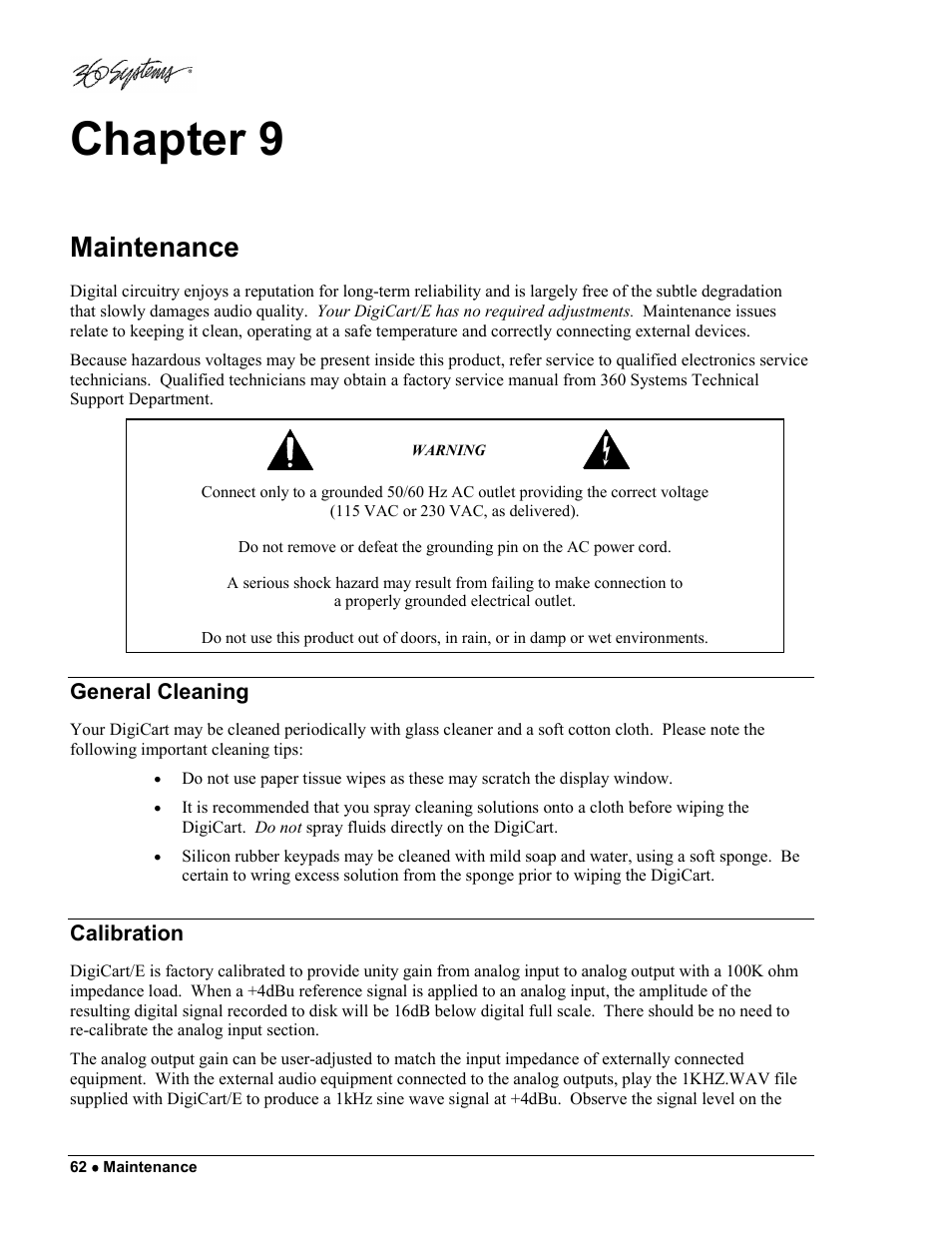 Chapter 9, Maintenance, General cleaning | Calibration | 360 Systems DigiCart/E User Manual | Page 72 / 95