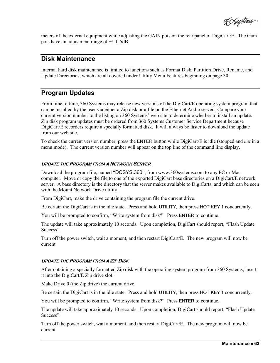 Disk maintenance, Program updates | 360 Systems DigiCart/E User Manual | Page 73 / 95