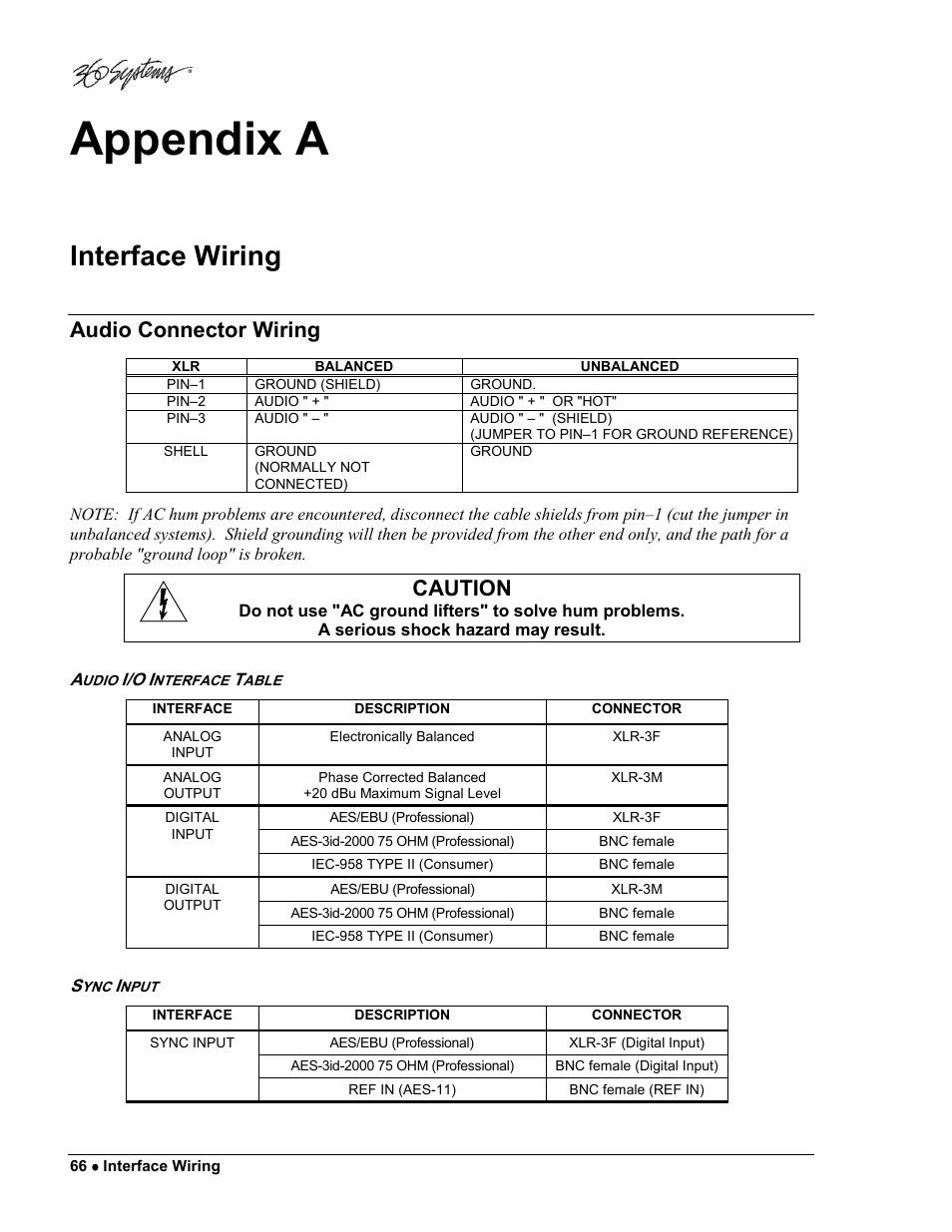 Appendix a, Interface wiring, Audio connector wiring | Caution | 360 Systems DigiCart/E User Manual | Page 76 / 95