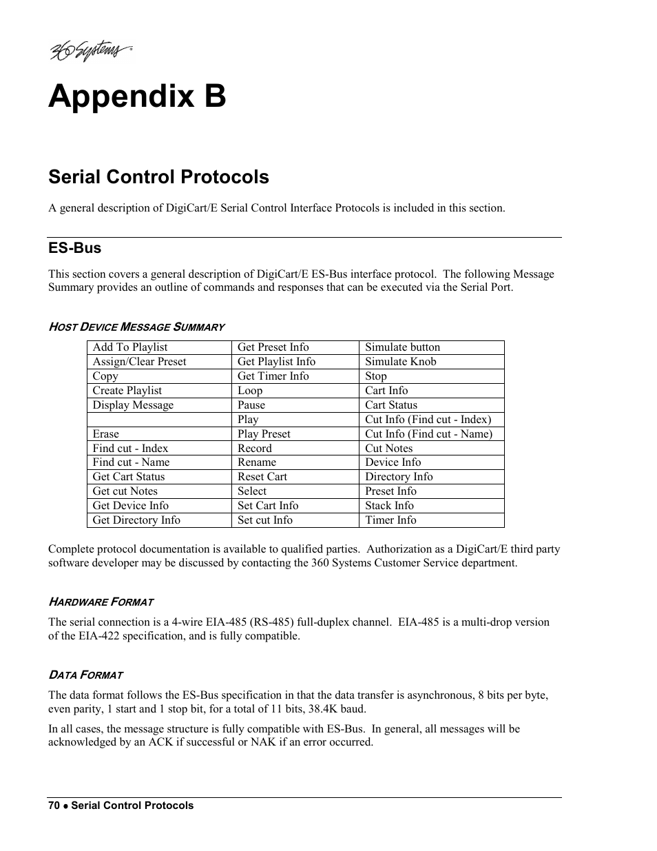 Appendix b, Serial control protocols, Es-bus | 360 Systems DigiCart/E User Manual | Page 80 / 95