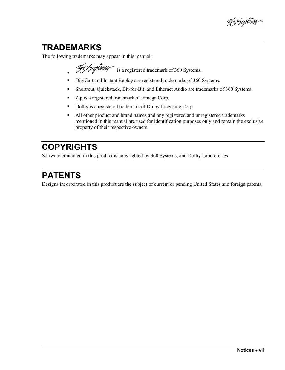 Trademarks, Copyrights, Patents | 360 Systems DigiCart/E User Manual | Page 9 / 95