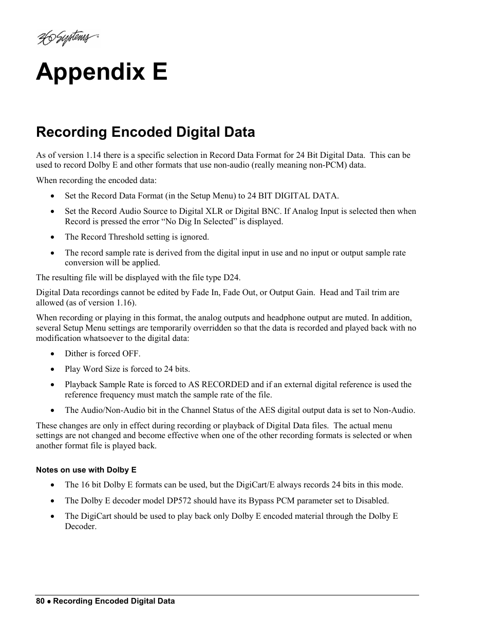 Appendix e, Recording encoded digital data | 360 Systems DigiCart/E User Manual | Page 90 / 95