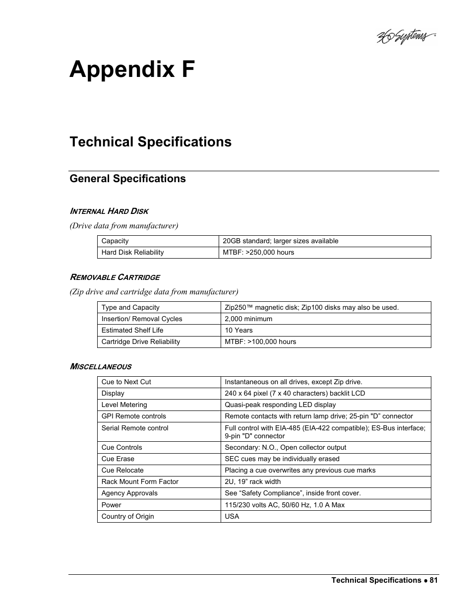 Appendix f, Technical specifications, General specifications | 360 Systems DigiCart/E User Manual | Page 91 / 95