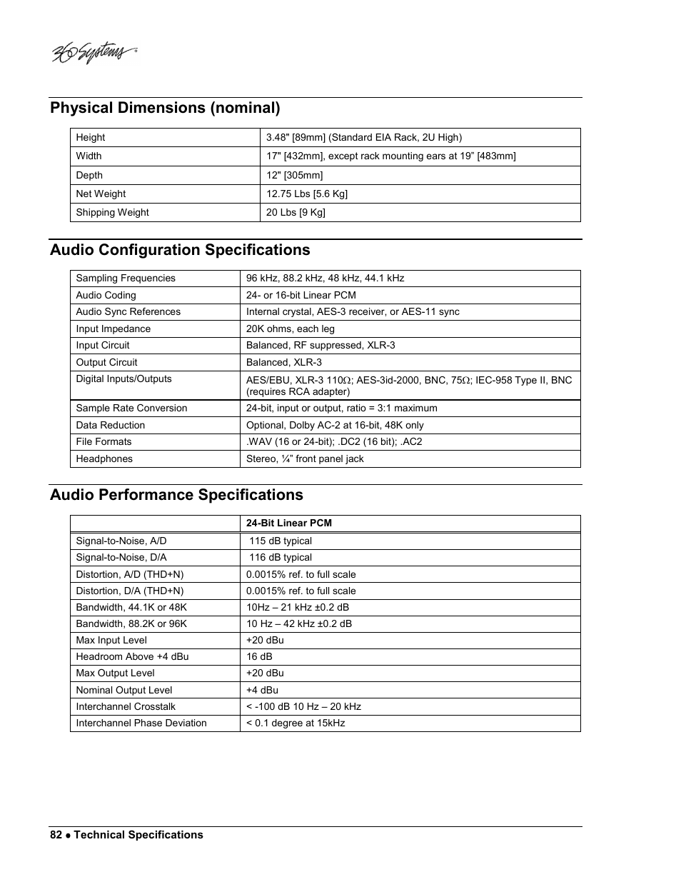 Physical dimensions (nominal), Audio configuration specifications, Audio performance specifications | 360 Systems DigiCart/E User Manual | Page 92 / 95