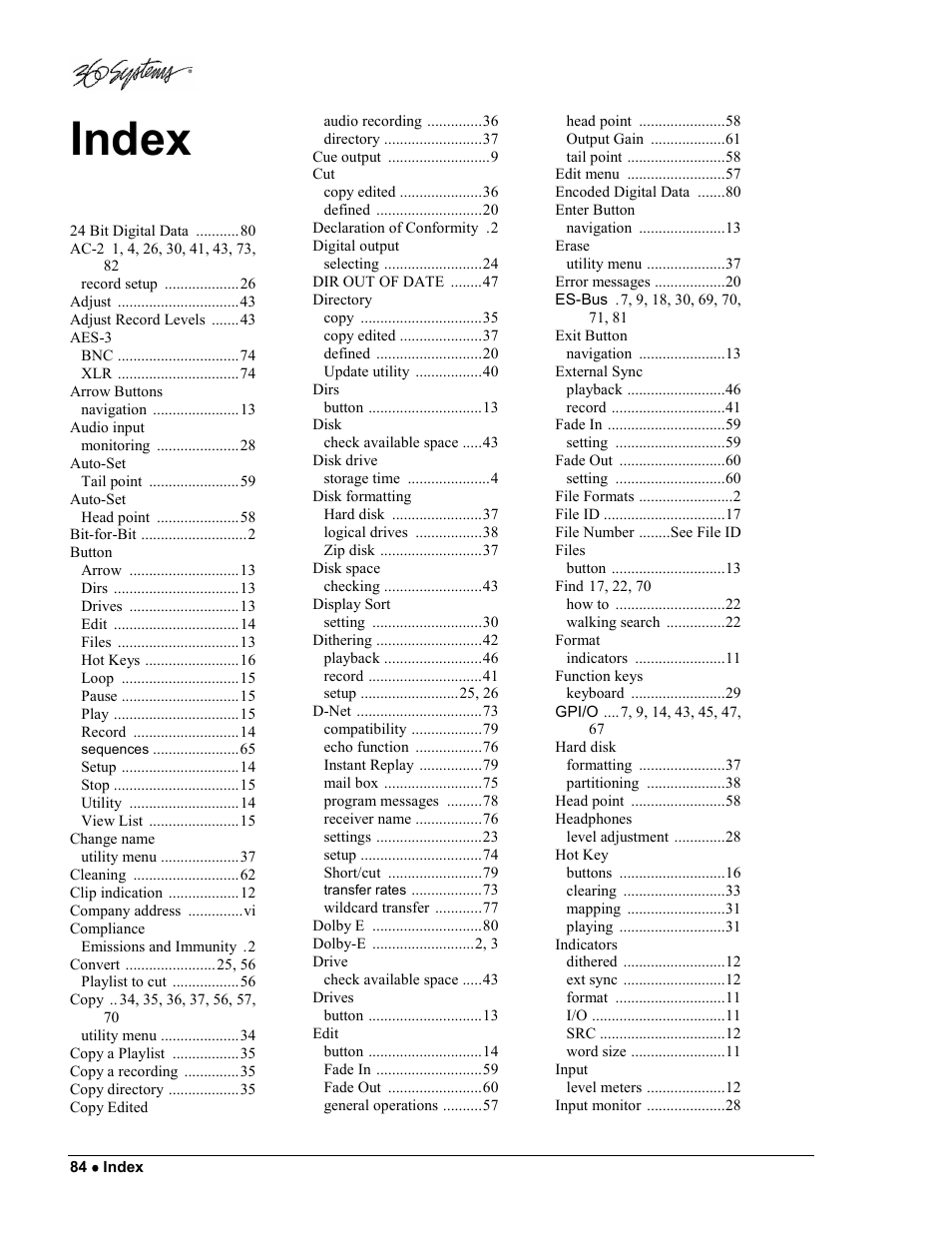 Index | 360 Systems DigiCart/E User Manual | Page 94 / 95