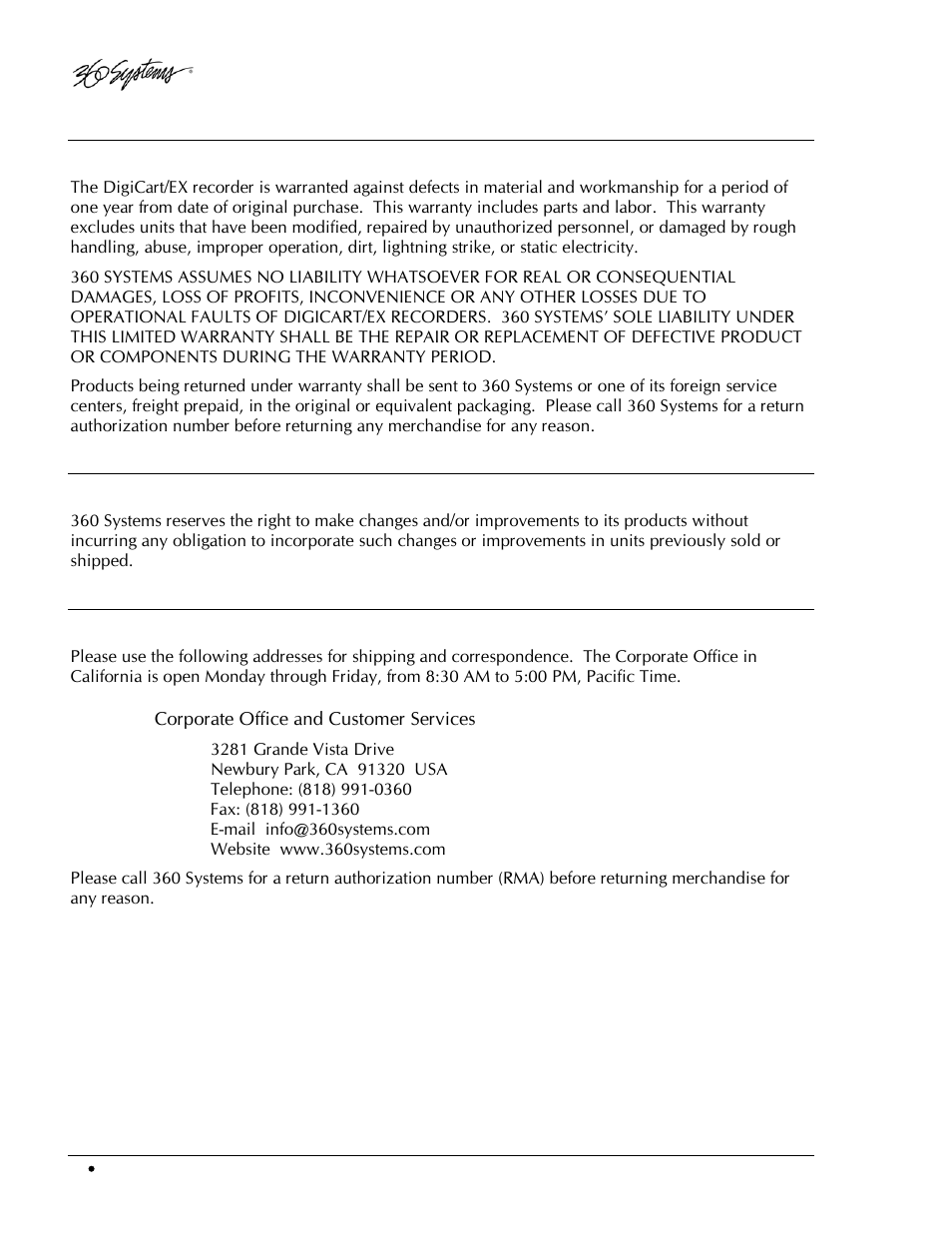 Warranty and repair policy, Product improvements and upgrades, Company address | 360 Systems DigiCart/EX User Manual | Page 10 / 117