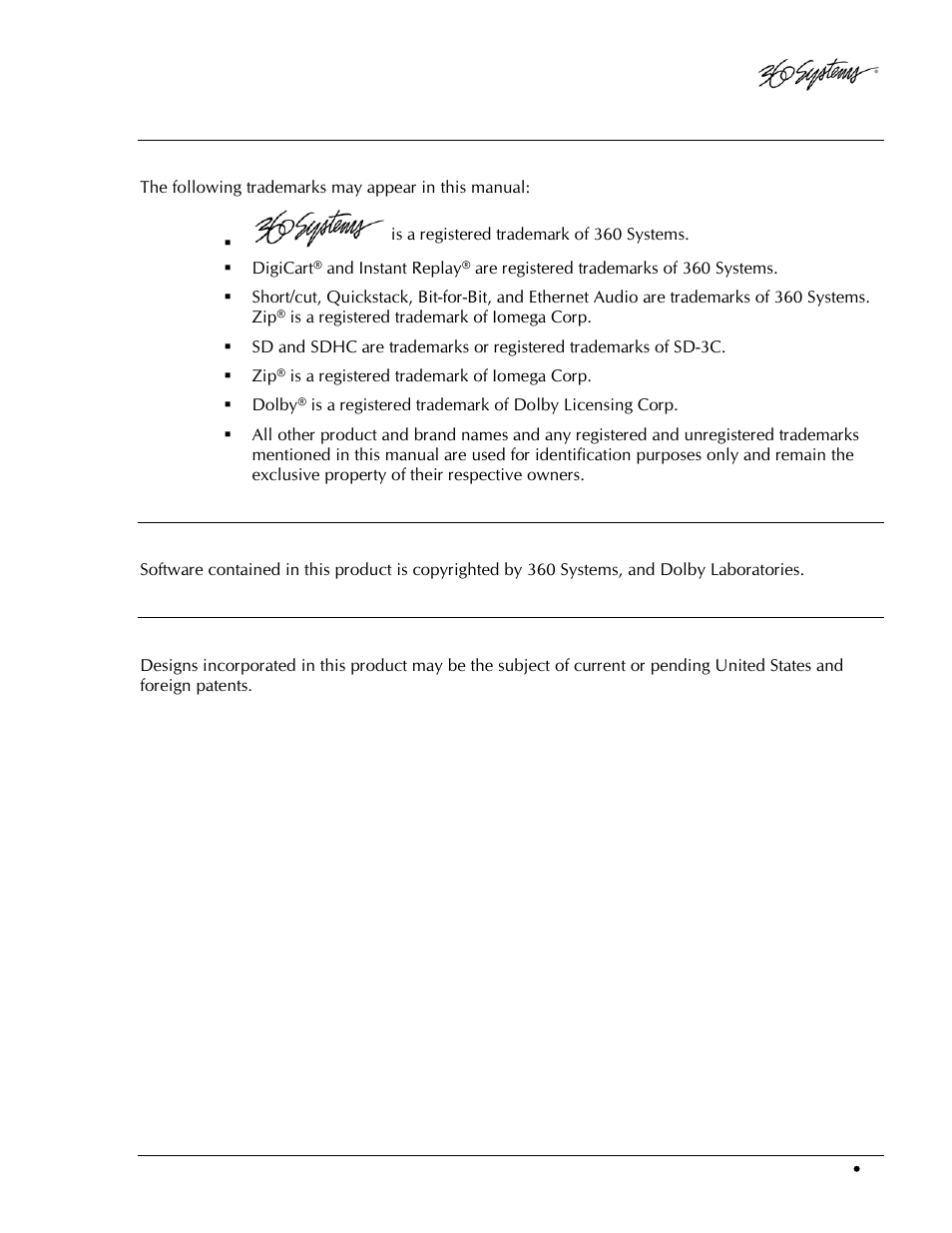 Trademarks, Copyrights, Patents | 360 Systems DigiCart/EX User Manual | Page 11 / 117