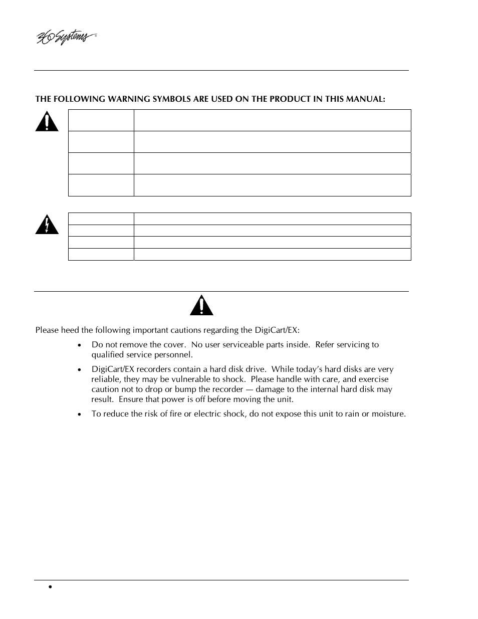 Warning symbols, General cautions | 360 Systems DigiCart/EX User Manual | Page 12 / 117